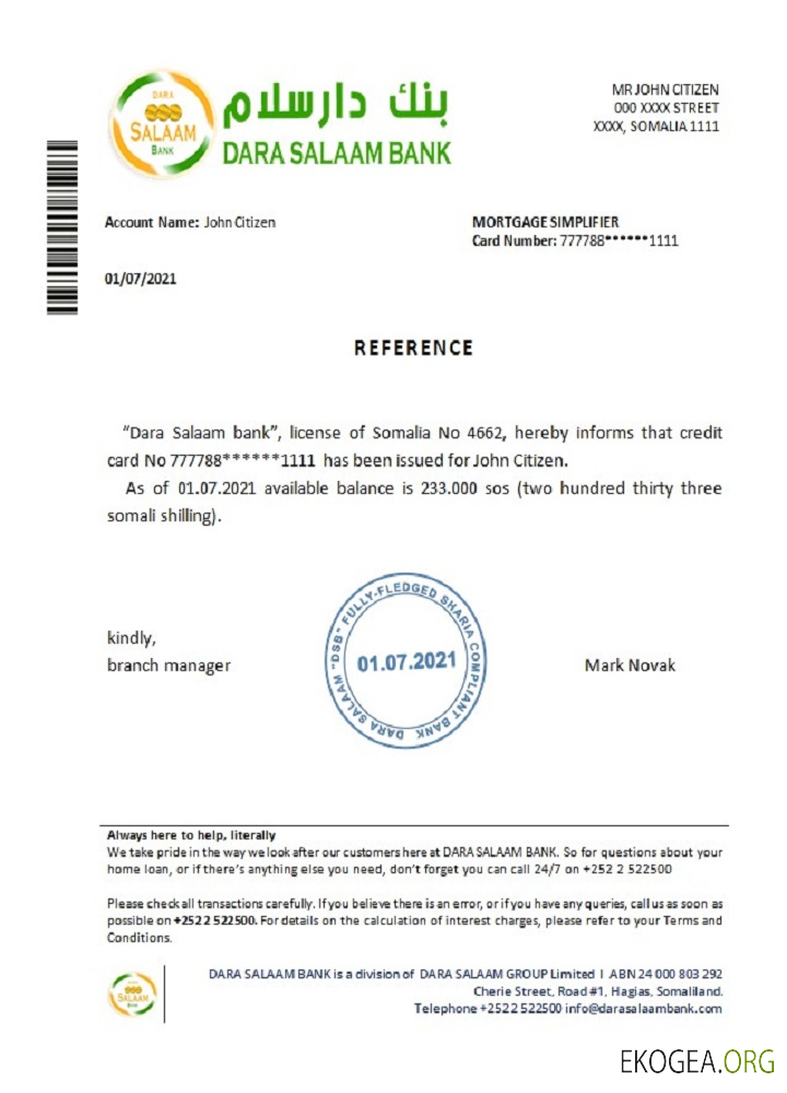 Somalie , Dara Salaam bank , reference